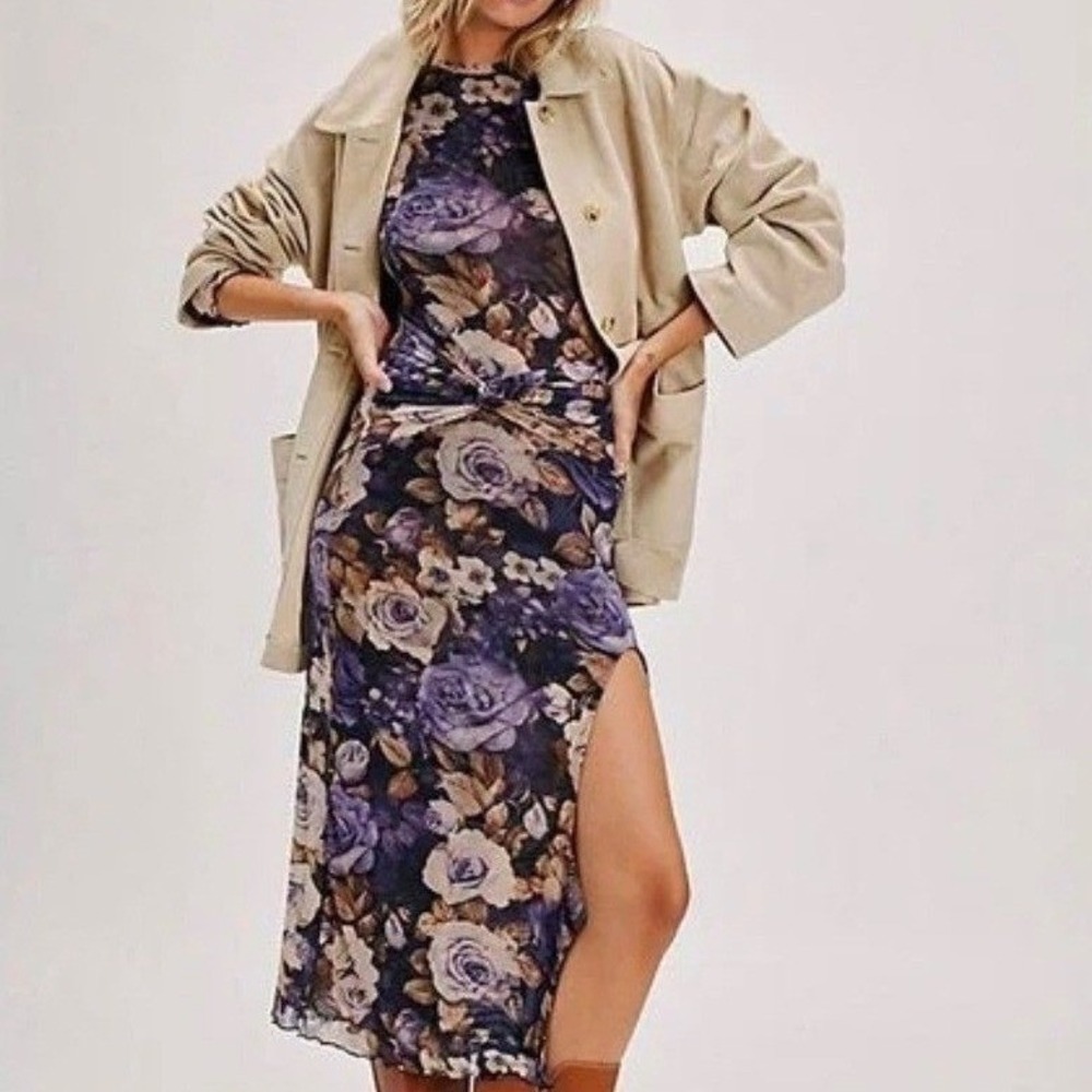 Free People Gianni Mesh Floral Maxi Dress Purple XS NWT Ruched Long Sleeve Slit